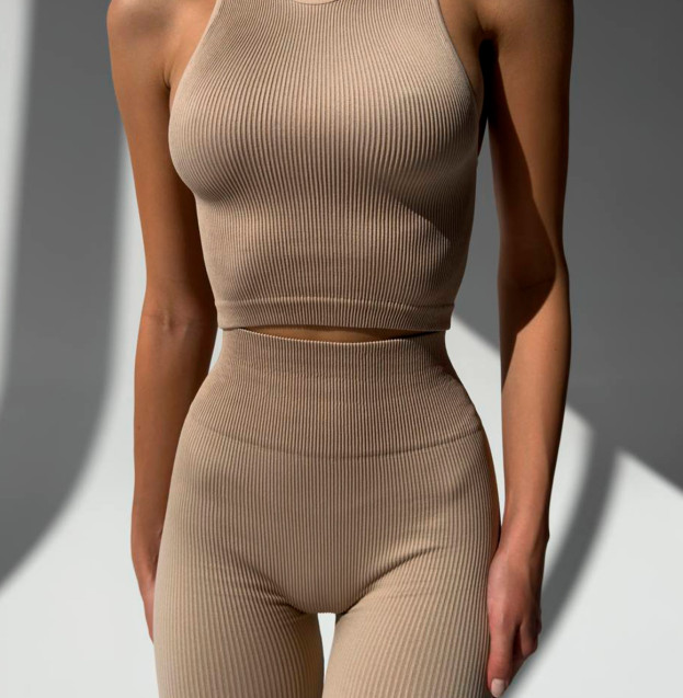 Комплект Легінси з Push-Up Ефектом + Топ в Рубчик Бежевий